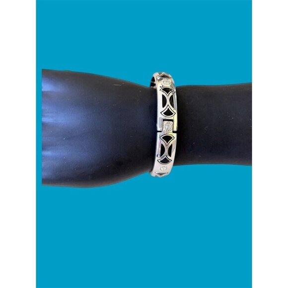 Brighton CAPELLA Silver Crystal Black Enamel Hinged Bangle Bracelet - Picture 4 of 6